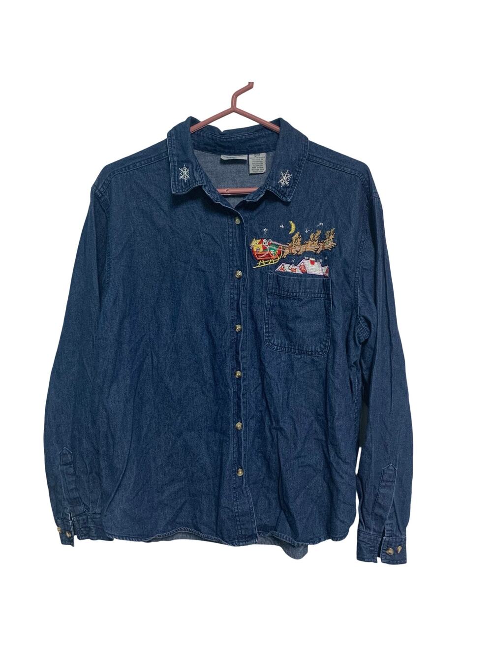 Cabin Creek Vintage Women's Denim Cotton Embroidered Santa's Sleigh Button Up
